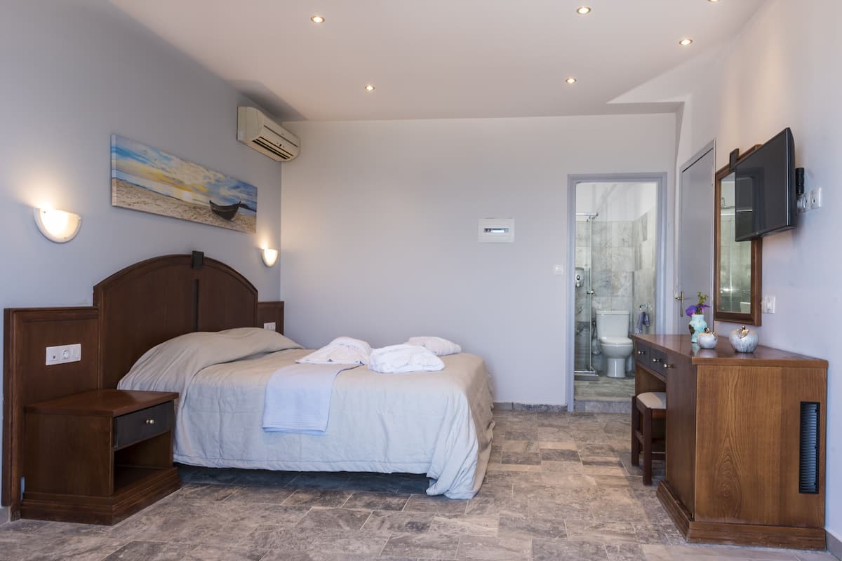 Quarto com cama, mesas de cabeceira, cômoda, televisão e área de chuveiro.