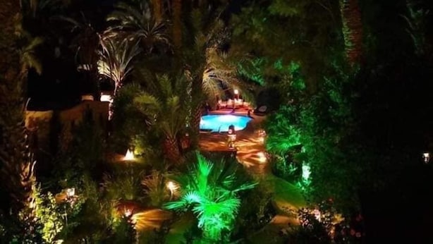 Vista nocturna de un resort con piscina rodeada de palmeras e iluminada con luces verdes y blancas.