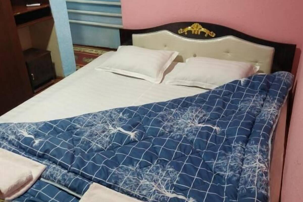 Ein Bett mit blauer Stegdecke und weißen Kissen, einem Holz-Kopfteil und einer rosa Wand mit einem gerahmten Zertifikat.