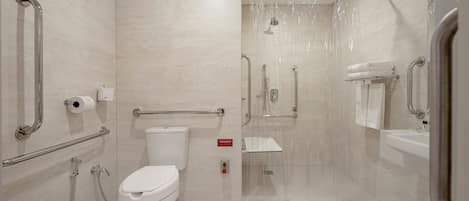 A modern bathroom with a toilet, shower, and handrails.