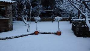A snow-covered garden with potted plants and a stone wall. - Auberge de la Foret (Calenzana)
