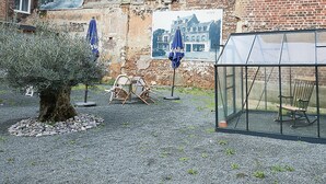 Un patio con un árbol, mobiliario exterior y un cerramiento de vidrio.