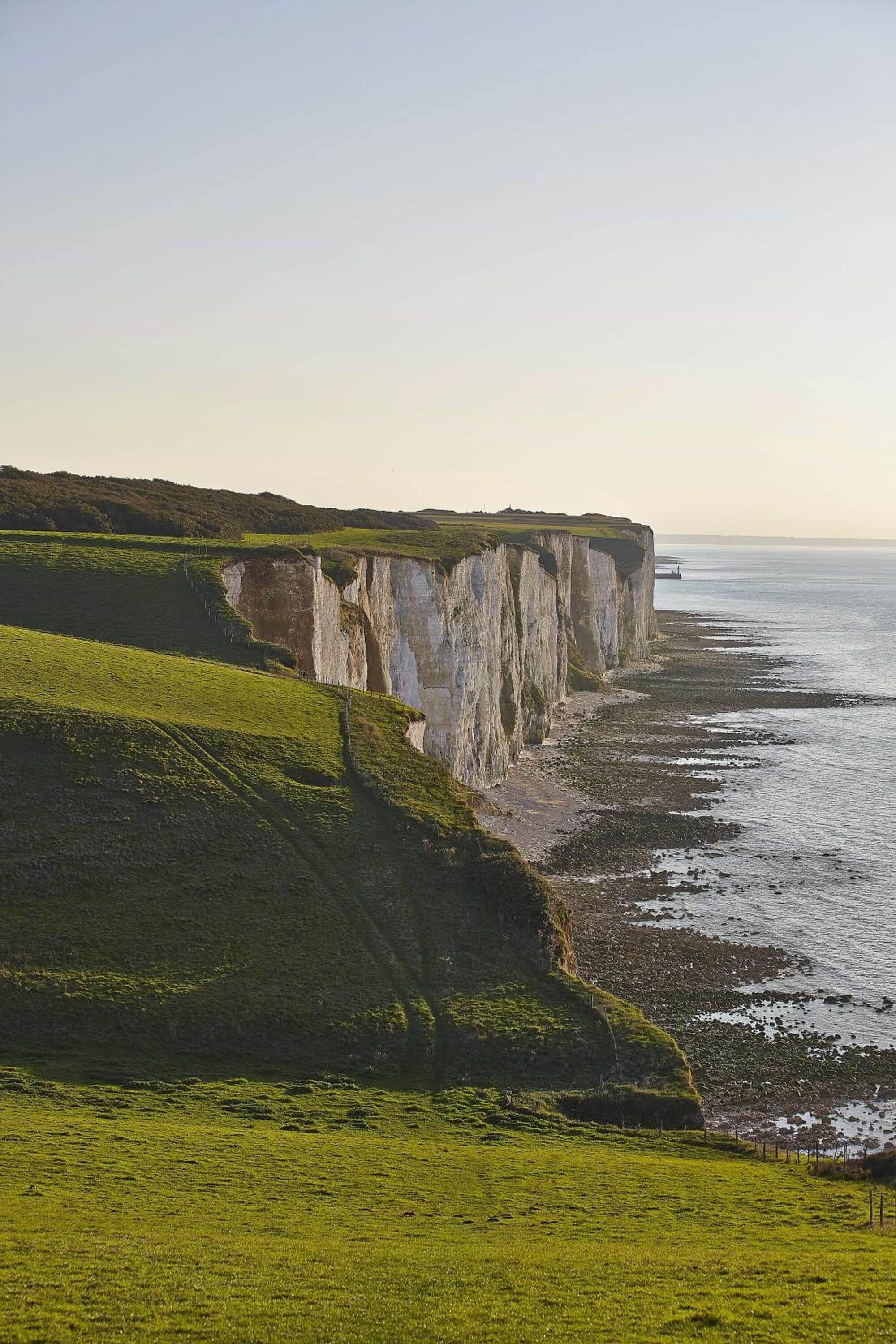 Un paysage côtier avec des falaises et un premier plan herbeux.