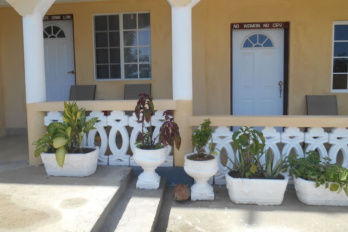 A building with a covered porch, white columns, and multiple potted plants.