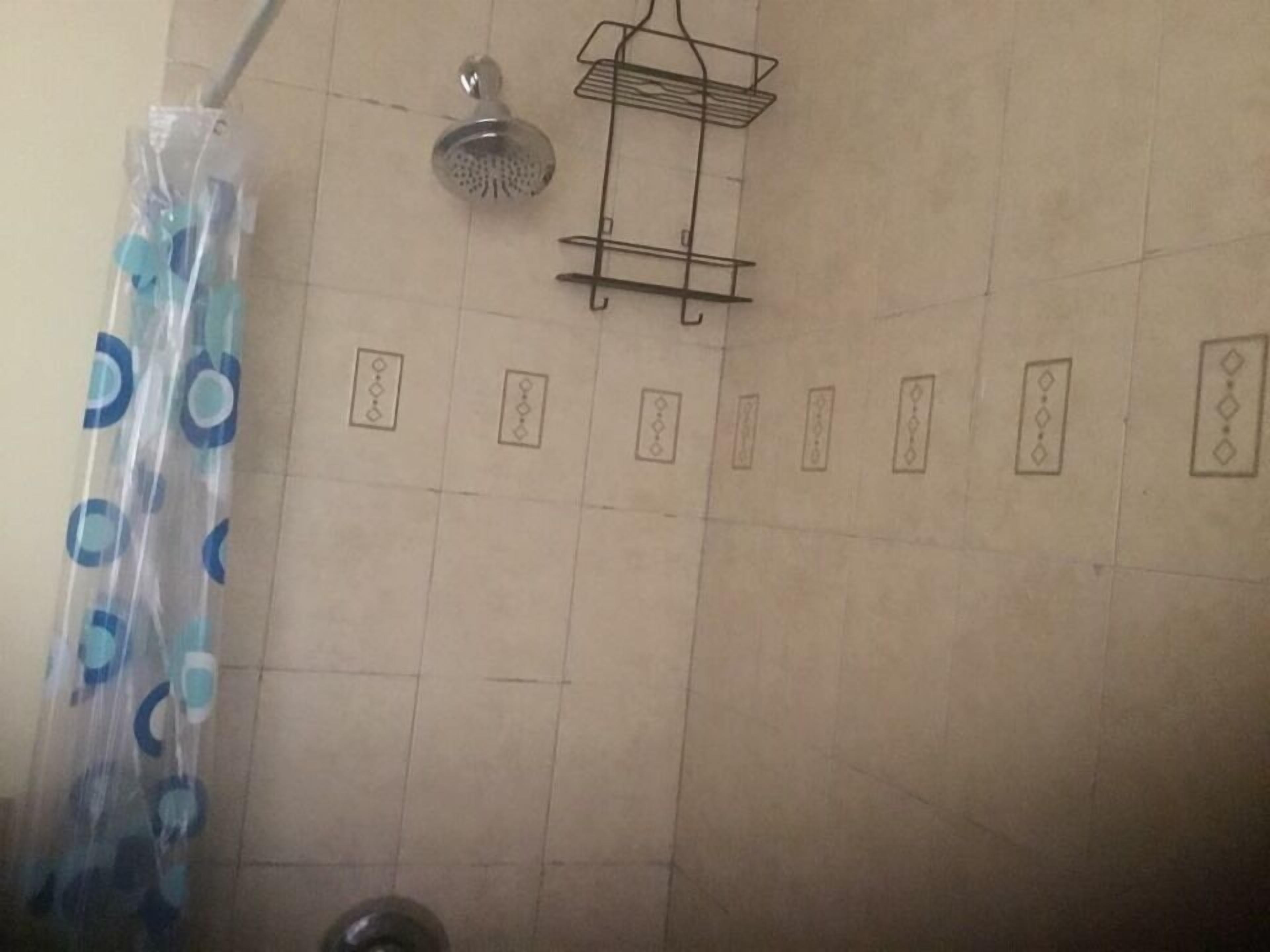 A tiled shower area with a showerhead and a metal rack.