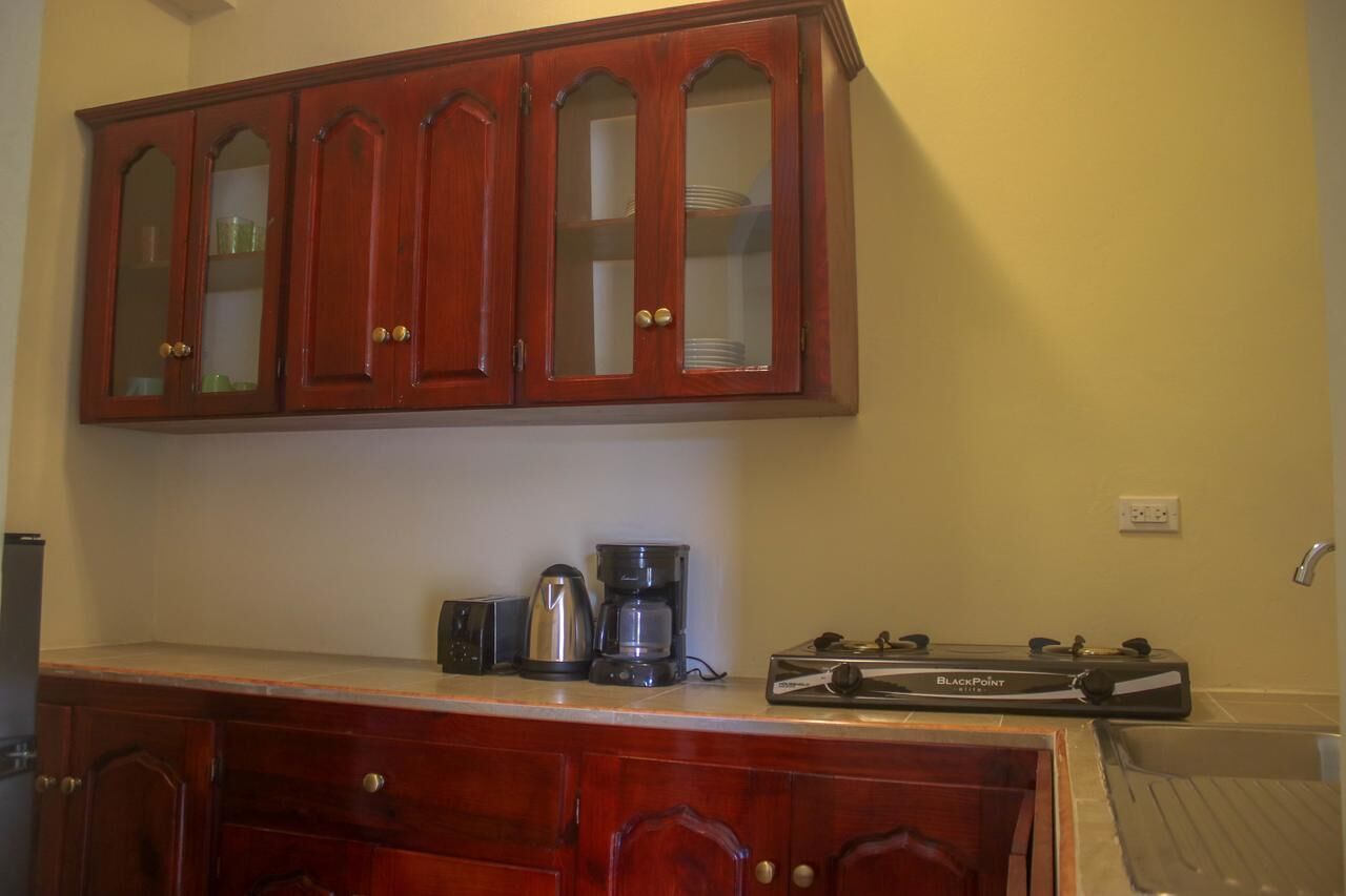 Una cocina con armarios de madera, una cafetera y un electrodoméstico BlackPoint.