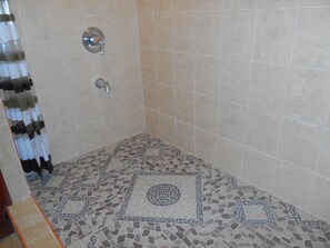Shower, towels, soap, toilet paper
