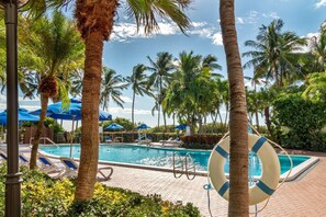 Outdoor pool, open 7:00 AM to 8:00 PM, pool umbrellas, pool loungers