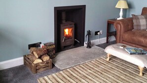 A cozy living room with a wood-burning stove, a brown leather sofa, a lamp, and a rug.