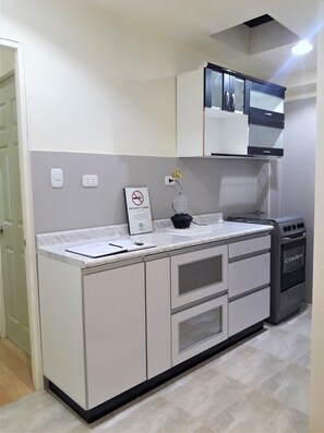 Kitchen area with oven, stovetop, and sink.