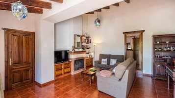 Een televisie, een open haard en een dvd-speler