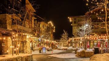 A snow-covered street with buildings adorned with string lights, a stone pathway, and a small stream.