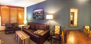 Smart TV, fireplace, books