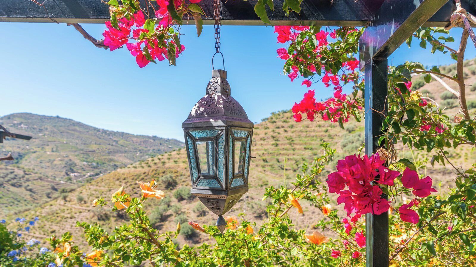 Una llanterna penjant amb un disseny geomètric, envoltada de flors de buganvília vibrants i un paisatge de terrenys ondulats al fons.