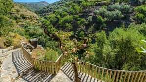 A stone staircase leading up to a wooden railing overlooking a mountainous landscape with greenery and shrubs. - Hidalgo de Arenas by Ruralidays (Málaga)
