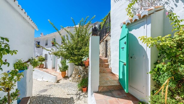 A narrow alleyway with white buildings, a green door, and potted plants. - Casa Alhama Frigiliana by Ruralidays (Málaga)