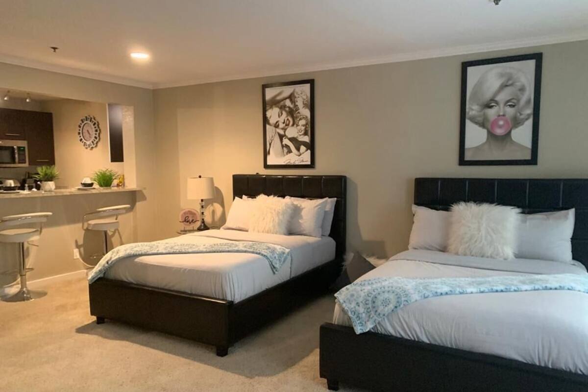 A bedroom with two beds, a kitchenette, a bathroom, and a living area.