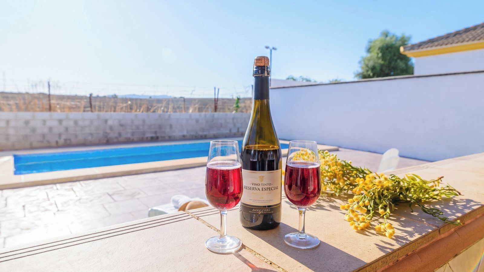 Una botella de vino y dos copas sobre una mesa junto a una piscina.