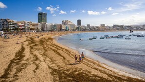 A beach with a sandy shore, a clear blue sky, and buildings in the background.