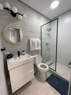 Shower, hair dryer, towels, soap