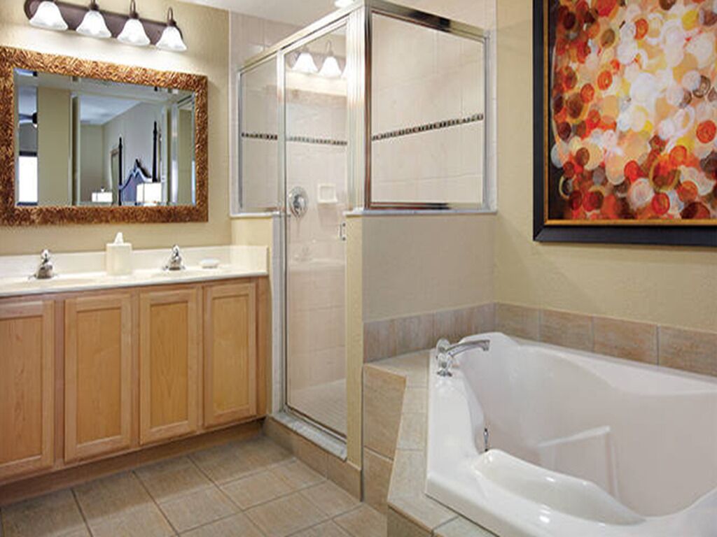 Combined shower/tub, hair dryer, towels, soap