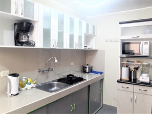 Fridge, microwave, oven, stovetop - Eral Apartments Lima, nice place, close to Financial Center of San Isidro (Santa Catalina)