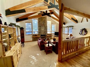 Smart TV, caminetto, lettore DVD, libri