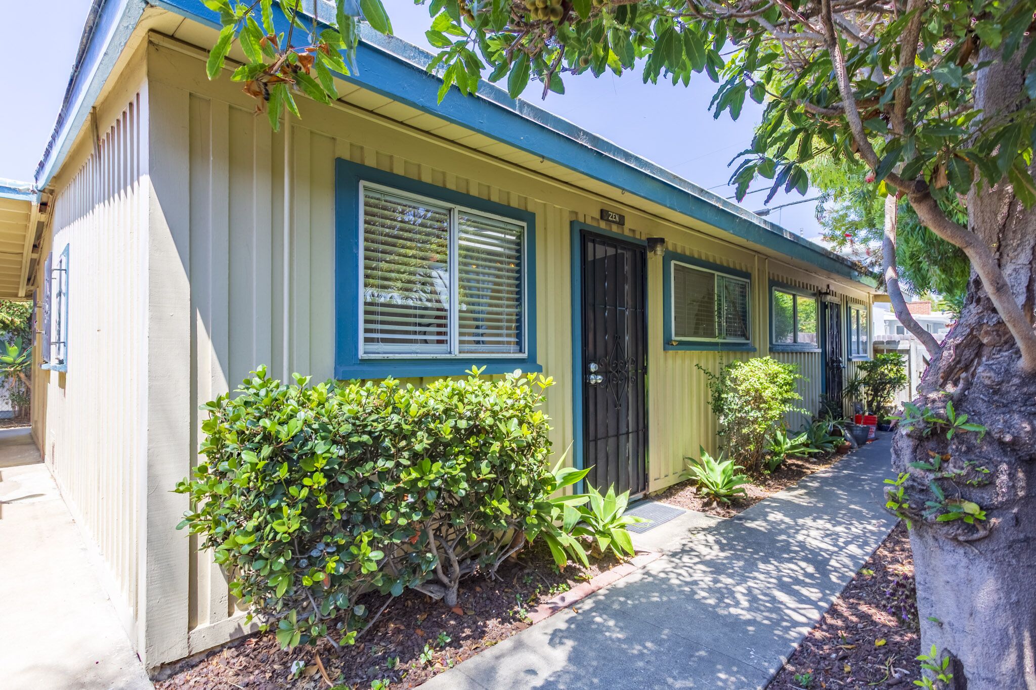 A single-story house with a yellow facade and blue trim, a black door, and a small front yard with various plants.