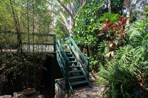 A wooden staircase leading to a bridge over a water feature surrounded by lush greenery.