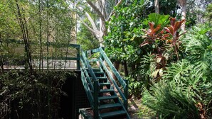 Un escalier menant à un pont qui enjambe un bassin d’eau, le tout étant entouré d’une végétation luxuriante.