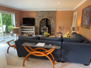 Smart TV, chimenea, libros, biblioteca de música