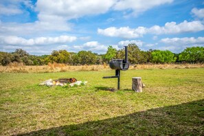 Una zona de parrilla al aire libre en un campo cubierto de césped, con árboles al fondo.