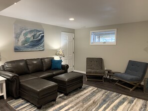 TV, fireplace, video-game console, foosball