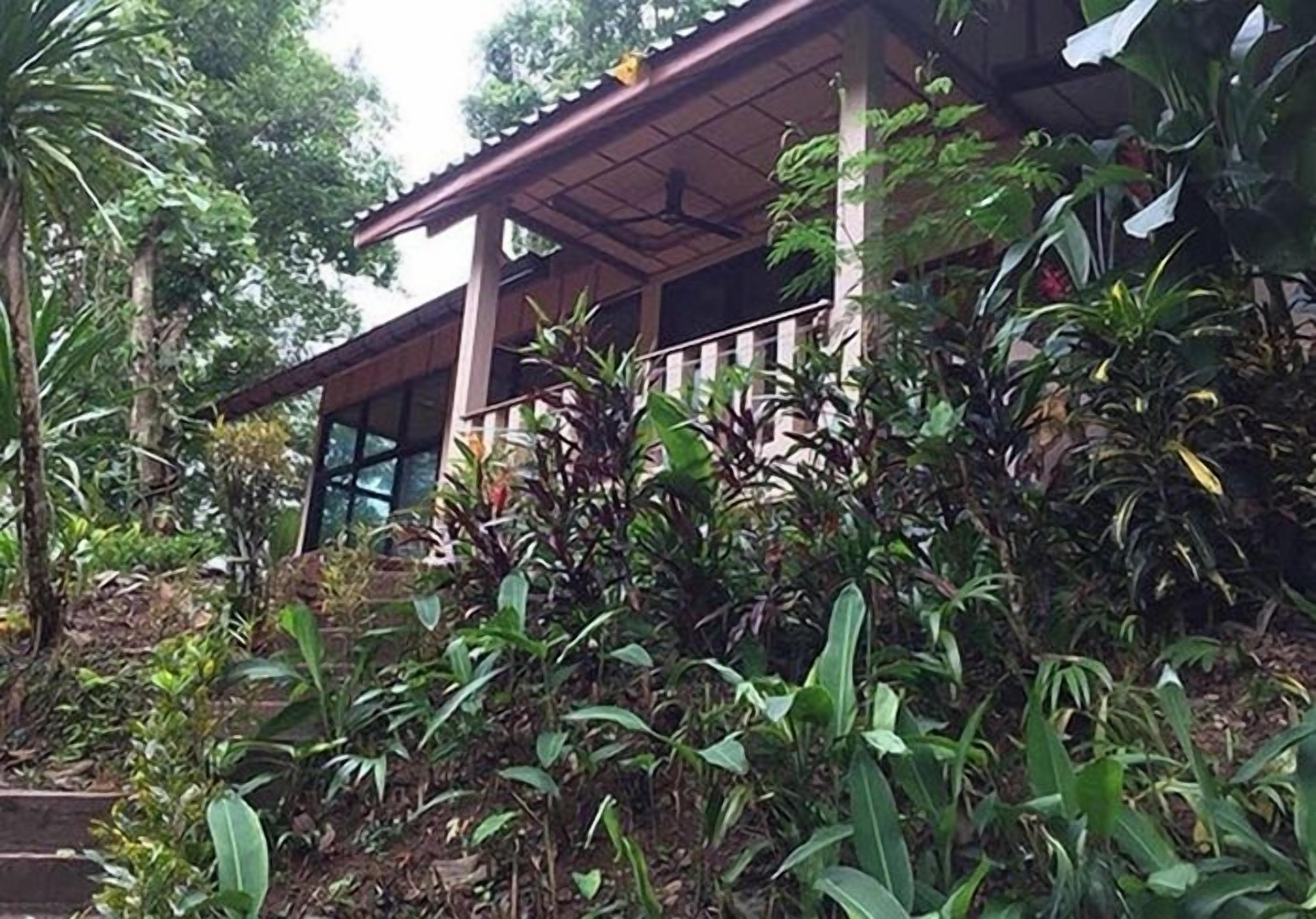 A building with a covered porch surrounded by lush greenery.