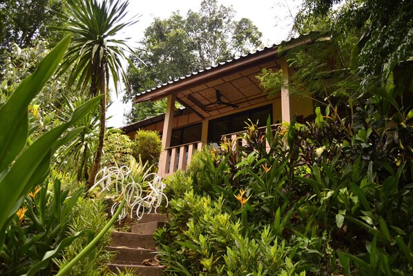 A building with a covered porch surrounded by lush greenery and a staircase leading up to it.