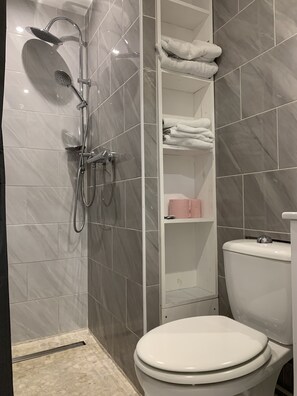 Shower, free toiletries, hair dryer, towels