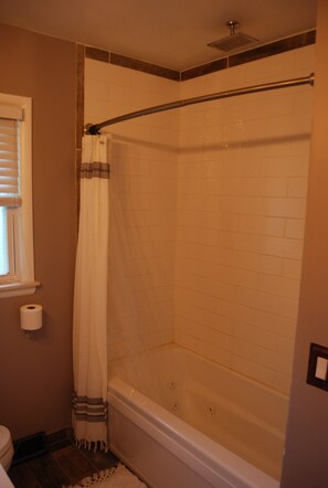 Combined shower/tub, hair dryer, towels, soap