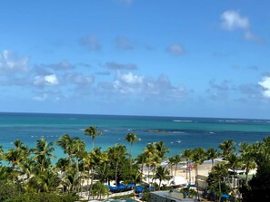 A beach view with palm trees, a clear sky, and the ocean.