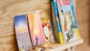 A wooden shelf with books and seashells. - Million Pointz - Hostel (Amami)