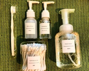 Shower, free toiletries, hair dryer, slippers