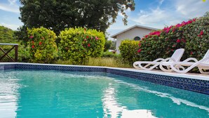 A clear blue swimming pool with white lounge chairs and lush greenery around. - View 61 Hibiscus with Private pool & Beach View (St John's)