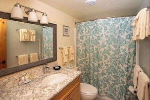 A bathroom with a marble sink, a large mirror, a shower curtain with a floral pattern, and a toilet.