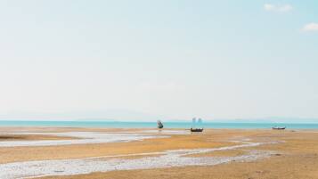 Una playa con barcos y una formación rocosa a lo lejos.