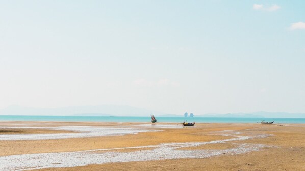 Una playa con barcos y una formación rocosa a lo lejos.