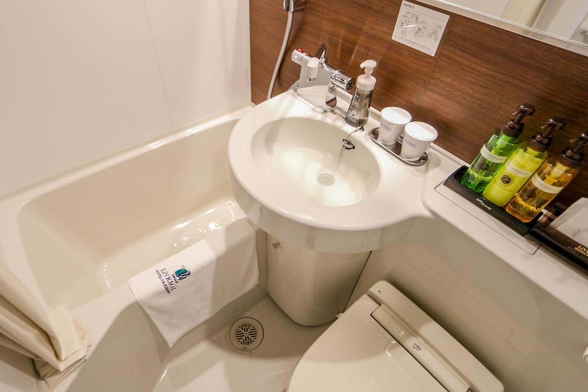 combined shower/bathtub, free toiletries, hair dryer, slippers