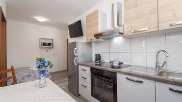 Apartment (A2) | Private kitchen | Fridge, stovetop, electric kettle, cookware/dishes/utensils