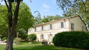 A two-story house with a well-maintained lawn, a large tree, and a hedge in front. - Chambre Béguin ou Mantille (30M2) - 3 people (Avignon)