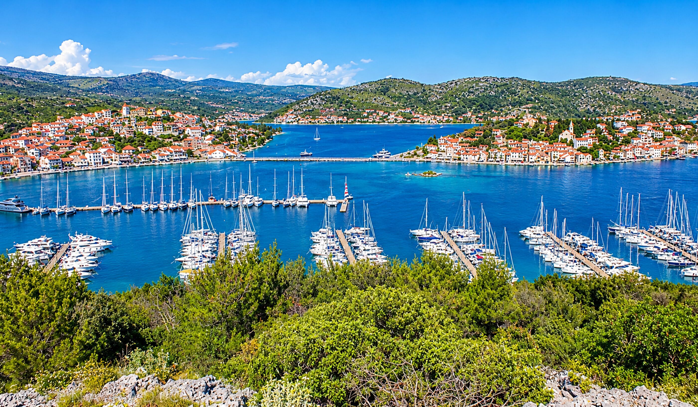 A coastal town with a marina filled with boats, surrounded by greenery and hills.
