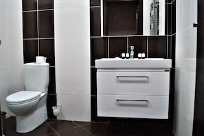 Appartement | Salle de bain | Douche, articles de toilette gratuits, sèche-cheveux, chaussons