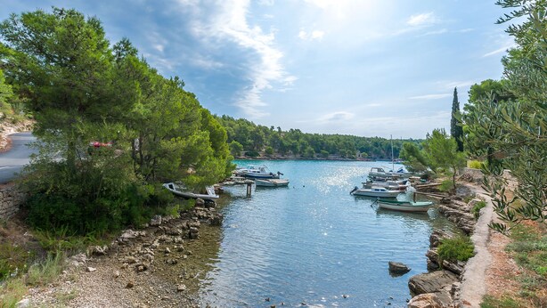 A calm lake with boats docked along the shore, surrounded by trees and rocky terrain. - Apartment Ametist (Milna)
